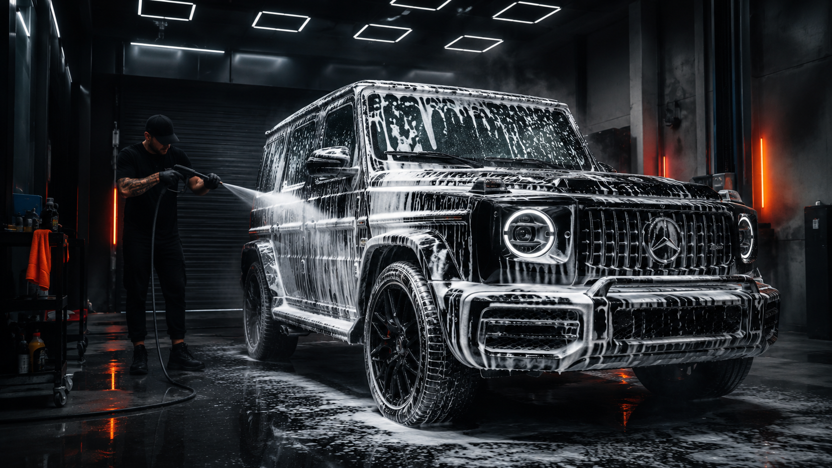 Foam-covered black luxury SUV during a controlled wash