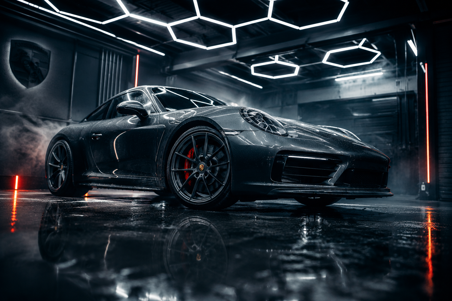 Porsche 911 in a dark detail studio