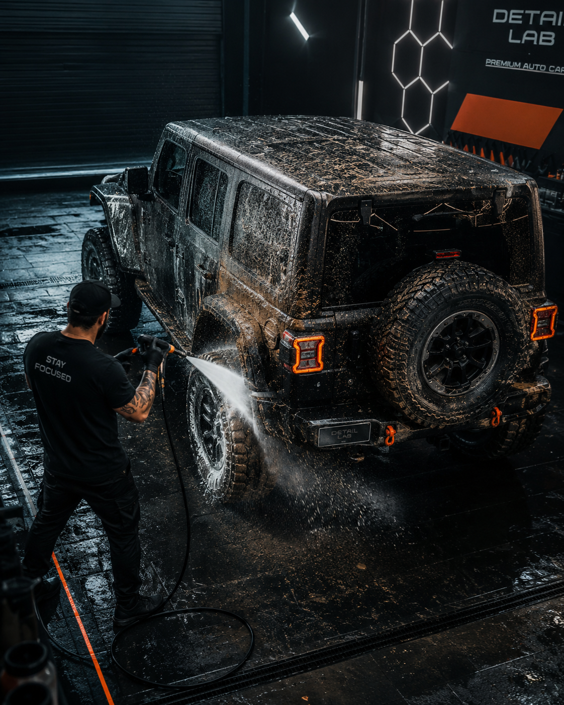 Muddy Jeep being pressure washed from an elevated angle