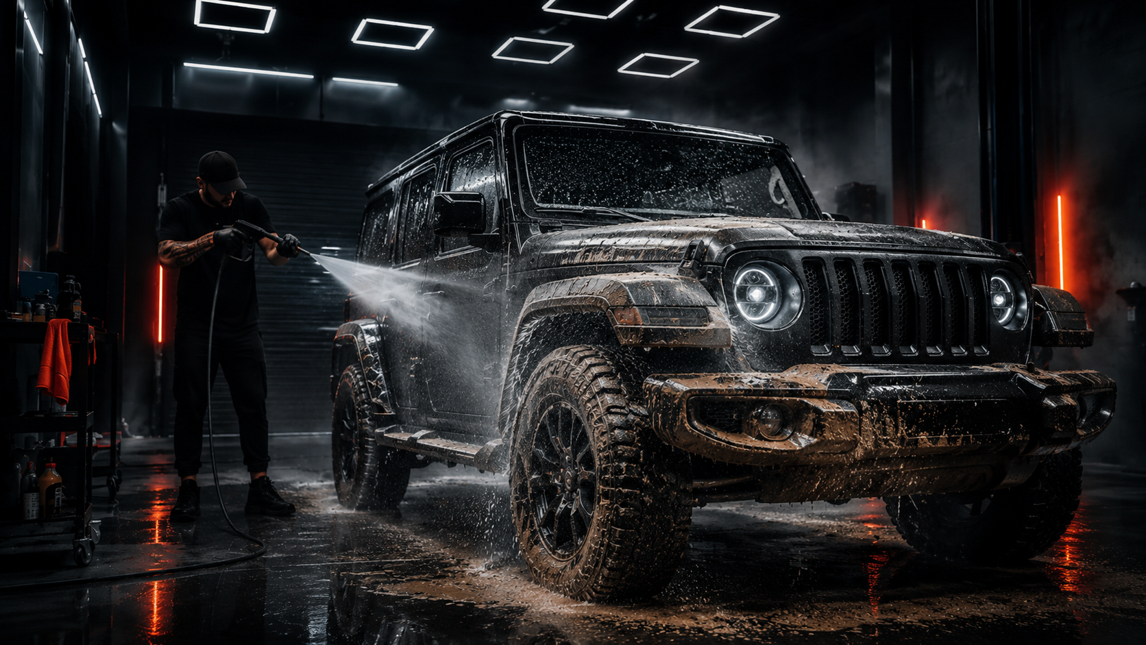 Mud-covered tactical 4x4 being rinsed clean