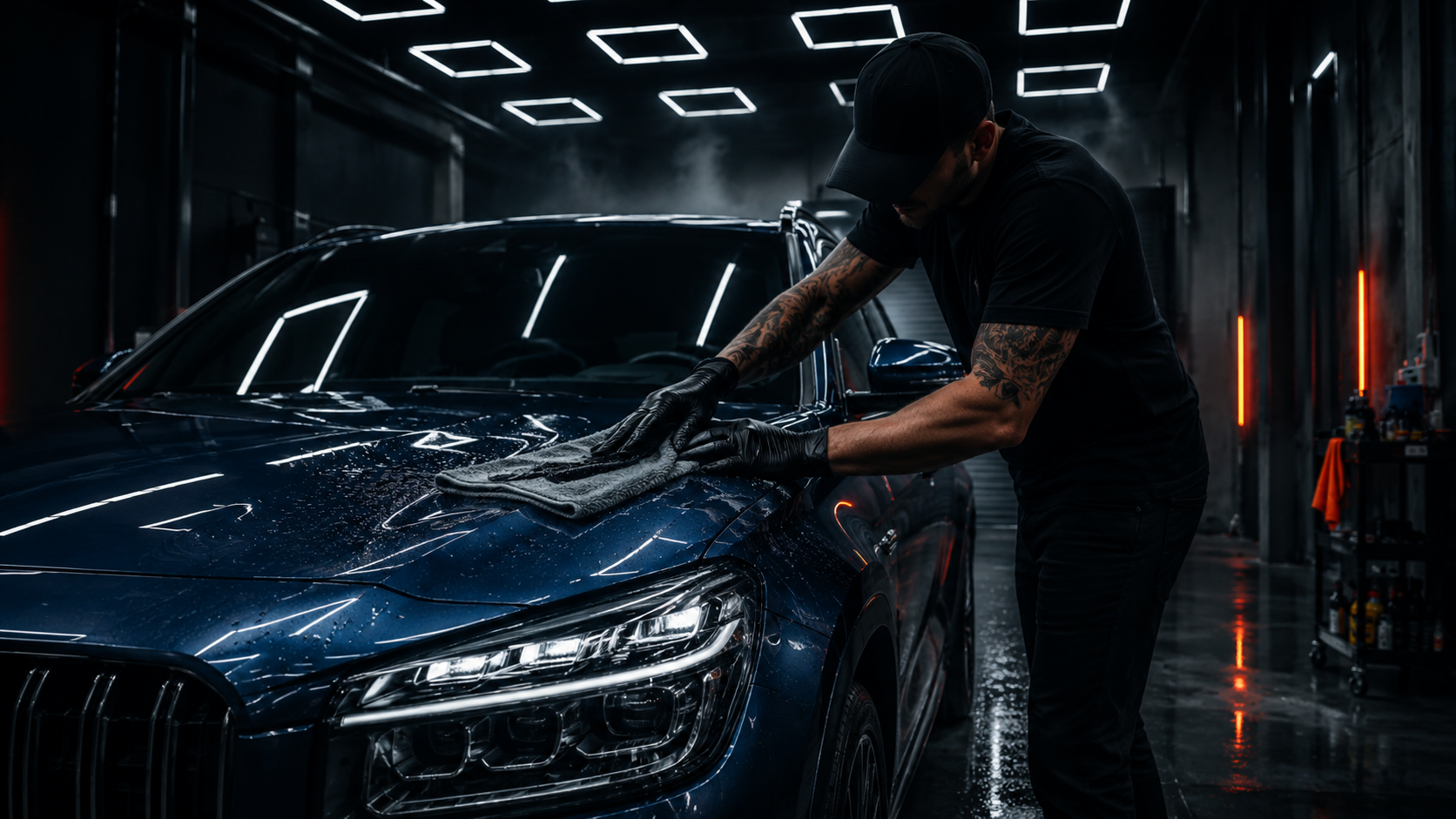 Detail technician wiping down a luxury SUV hood