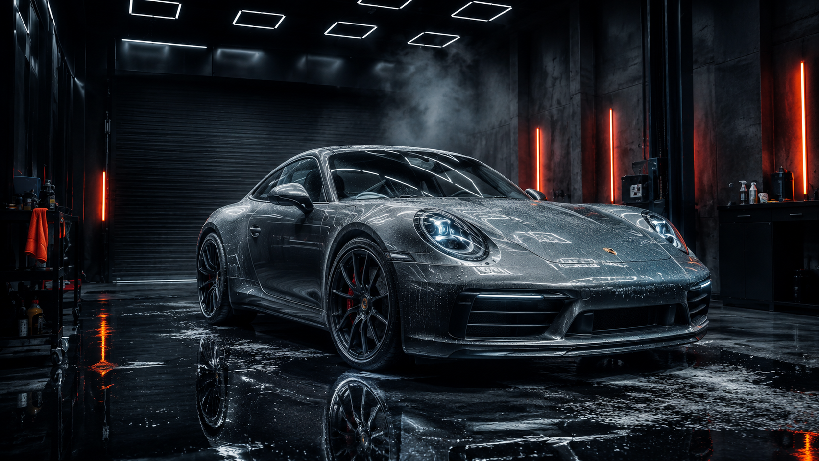 Grey sports coupe with clean wet floor reflections